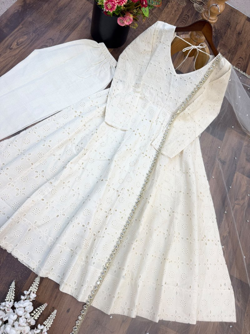 Nsr 919 Pure Cotton Chiffly Work Anarkali Kurti With Bottom Dupatta